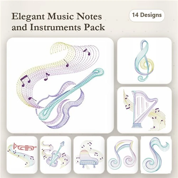 Rippled Elegant Music Notes Embroidery Designs Bundle – Treble Clef, Violin, Harp & More (14 Designs)