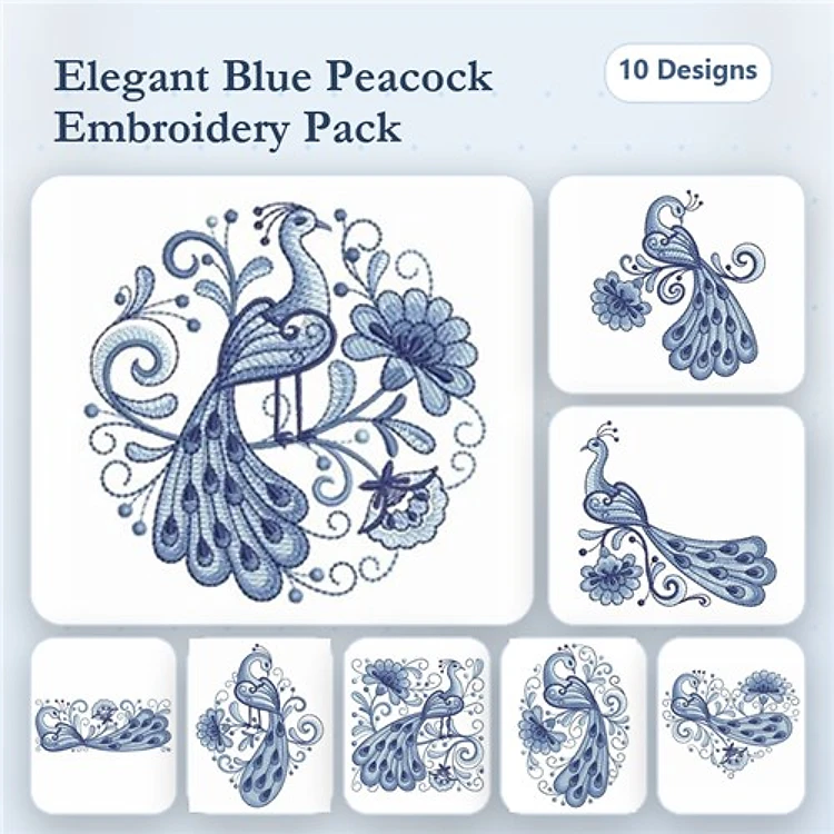 Elegant Peacock Embroidery Designs Bundle – Graceful Peacock with Flowers, Peacock Feather Design, & More (10 Designs)