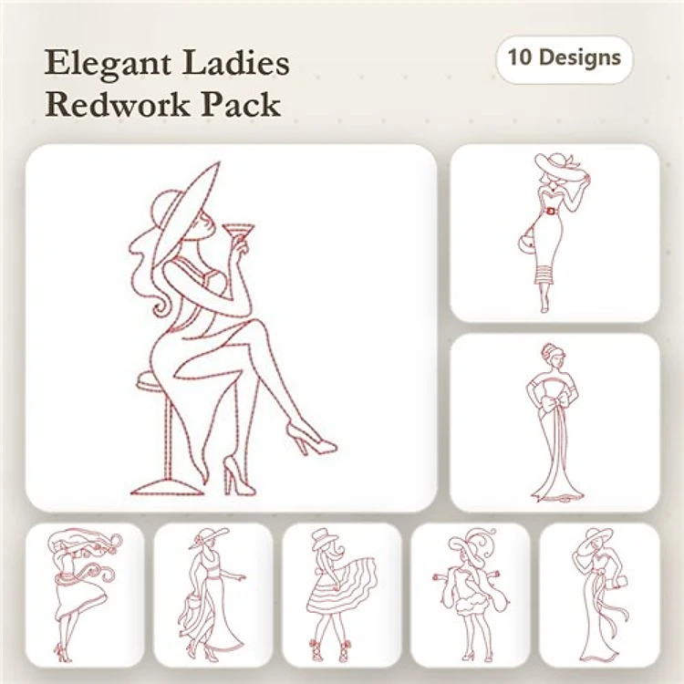 Redwork Elegant Ladies Embroidery Designs Bundle – Lady with Cocktail, Lady in Dress, Lady with Hat & More (10 Designs)