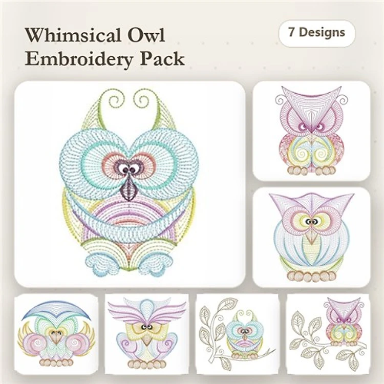 Rippled Whimsical Owls Embroidery Designs Bundle – Colorful Owl with Swirls, Cute Owl with Flowers & More (7 Designs)