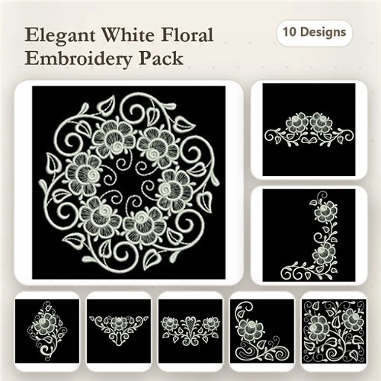 Floral Embroidery Designs Bundle – Floral Wreath, Floral Corner, Floral Border & More (10 Designs)