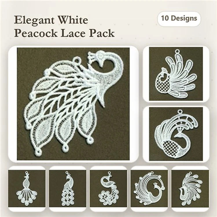 FSL Elegant White Peacock Embroidery Designs Bundle – Peacock Ornament, Lace Peacock, Peacock Feather Ornament & More (10 Designs)