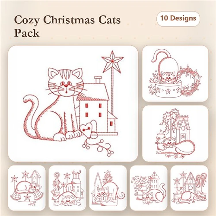 Redwork Christmas Cats Embroidery Designs Bundle – Cat with Gift, Cat in Snow with House, Cat with Christmas Tree & More (10 Designs)
