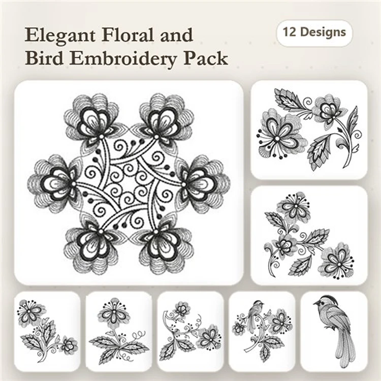 Floral and Bird Embroidery Designs Bundle – Floral Circular Design, Bird on Branch, Elegant Flower & More (12 Designs)