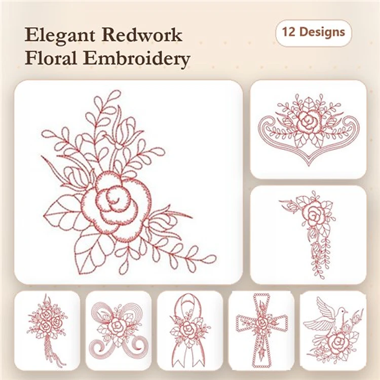 Redwork Elegant Floral Embroidery Designs Bundle – Rose Arrangement, Floral Heart, Bird with Flowers & More (12 Designs)