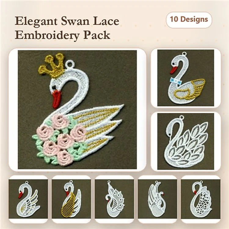 FSL Elegant Swan Embroidery Designs Bundle – Swan with Roses, Swan with Crown, Floral Swan & More (10 Designs)