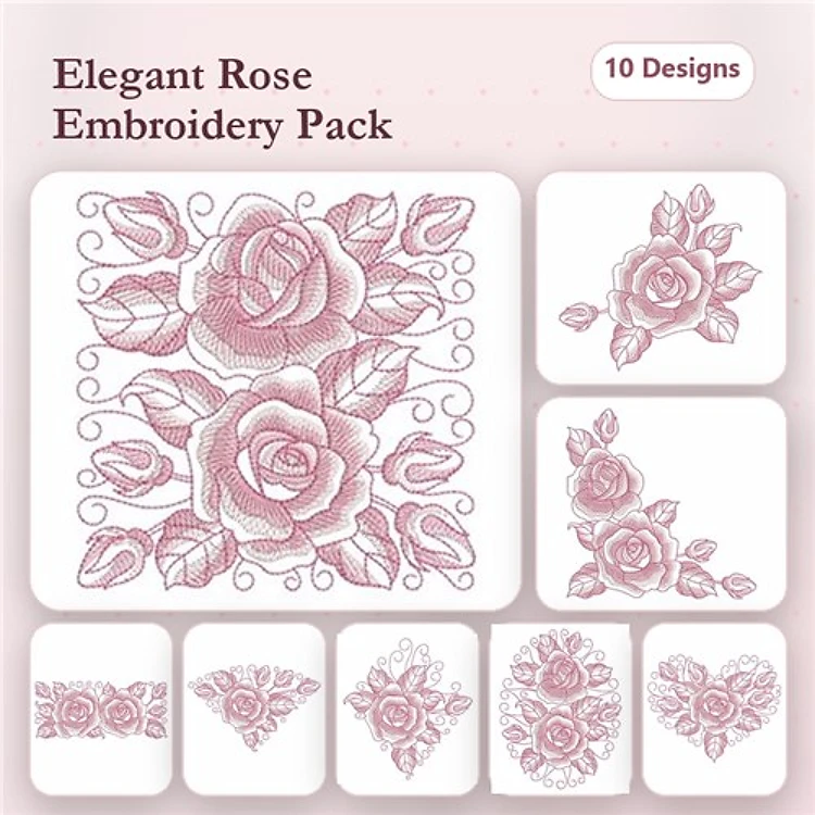 Redwork Elegant Roses Embroidery Designs Bundle – Rose Floral Arrangement, Heart with Roses, Rose Vine Border & More (10 Designs)