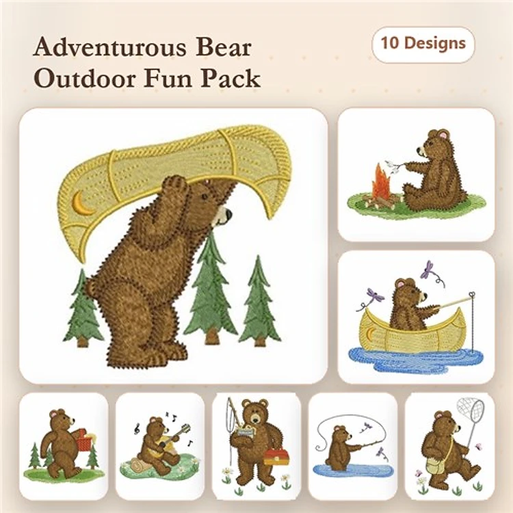 Adventurous Bear Embroidery Designs Bundle – Canoeing, Camping, Fishing & More (10 Designs)