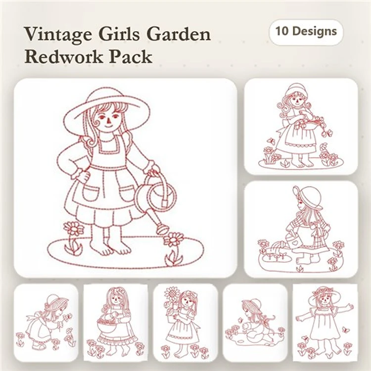 Redwork Vintage Girls in Garden Embroidery Designs Bundle – Girl Watering Flowers, Girl with Basket of Flowers, & More (10 Designs)