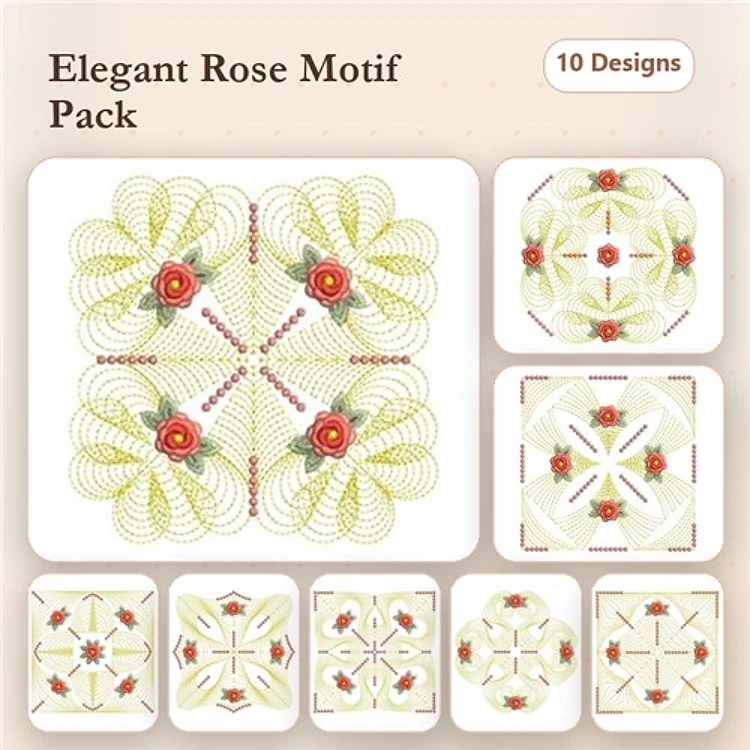Rippled Elegant Rose Embroidery Designs Bundle – Rose Motif, Decorative Rose Design, Leafy Rose Pattern & More (10 Designs)