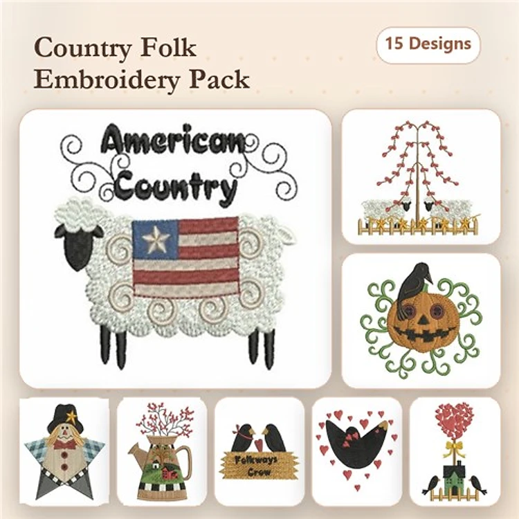 Folk Art Embroidery Bundle – American Country Sheep, Christmas Tree with Ornaments, Halloween Pumpkin & More (15 Designs)