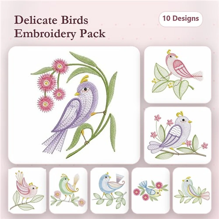 Rippled Delicate Birds Embroidery Designs Bundle – Purple Bird with Flowers, Pink Bird on Branch, Blue Bird with Leaves & More (10 Designs)