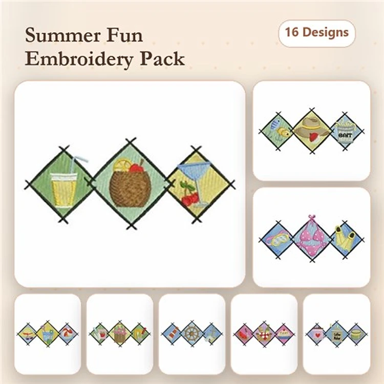 Summer Embroidery Designs Bundle – Lemonade Glass, Fruit Basket, Strawberry, Pineapple & More (16 Designs)