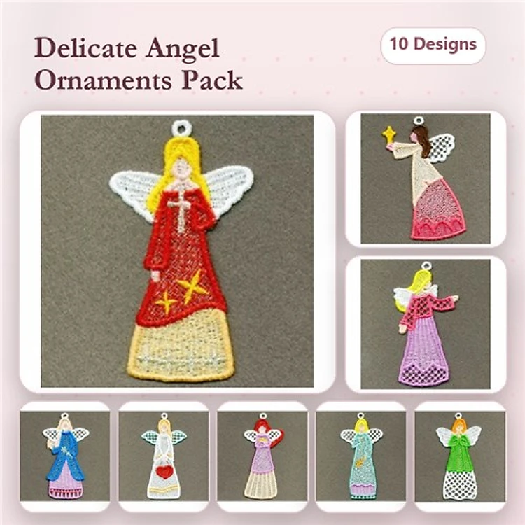 FSL Delicate Angel Ornaments Embroidery Bundle – Red Dress, Star, Cross & More (10 Designs)