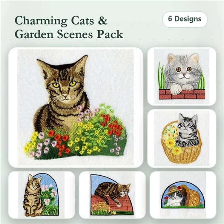 Charming Cats and Garden Embroidery Designs Bundle – Tabby Cat with Flowers, Gray Cat Peeking, & More (6 Designs)