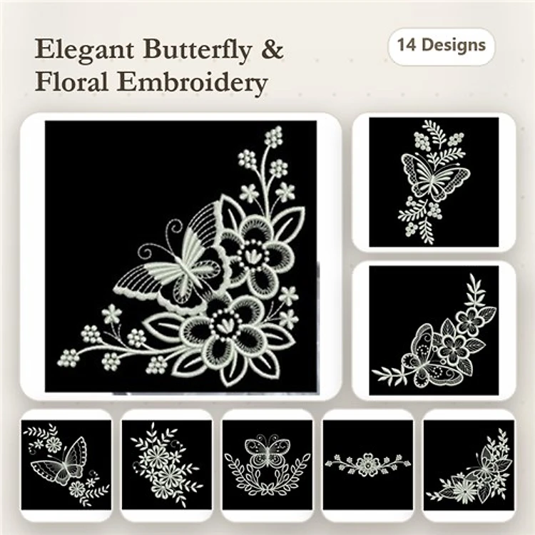 Butterfly & Floral Embroidery Bundle – Elegant Butterfly with Flowers, Floral Arrangement with Butterfly & More (14 Designs)