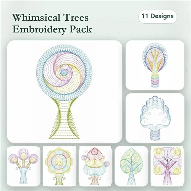 Rippled Whimsical Tree Embroidery Designs Bundle – Swirled Tree, Curved Leaf Tree, Puffy Cloud Tree & More (11 Designs)