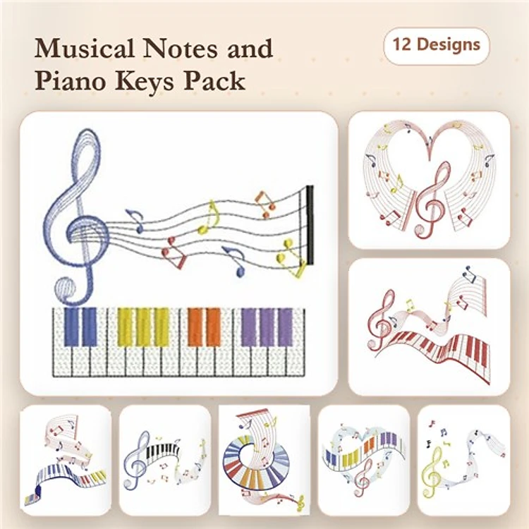 Rippled Musical Notes & Piano Keys Embroidery Designs Bundle – Musical Staff with Notes, Piano Keys Design & More (12 Designs)