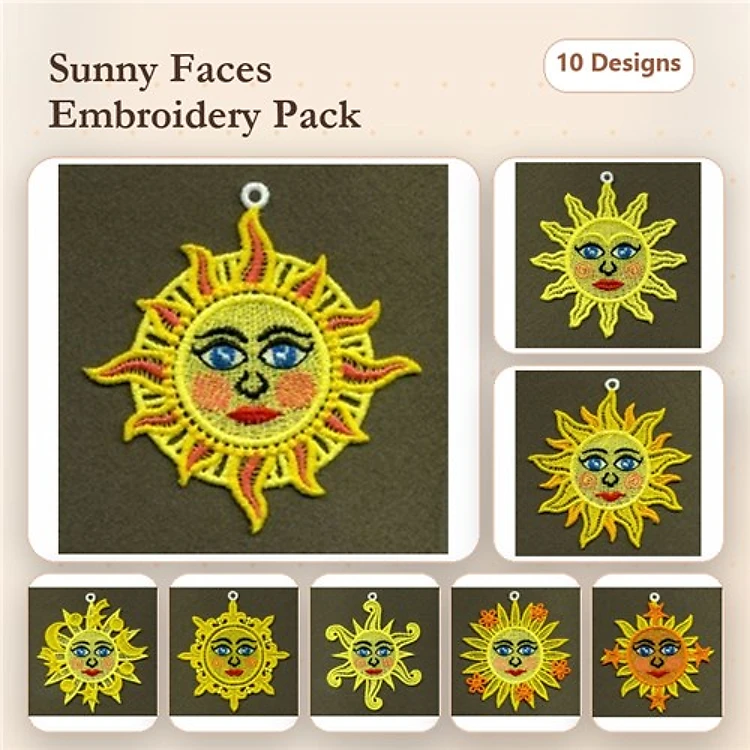 FSL Sun Face Embroidery Designs Bundle – Smiling Sun, Cheerful Sun with Smile, Radiant Sun Ornament & More (10 Designs)