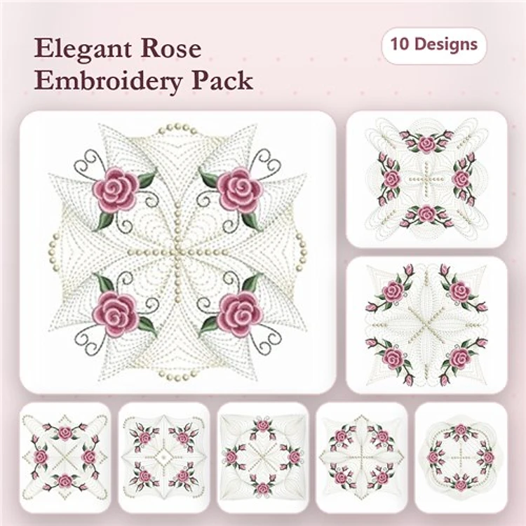 Rippled Elegant Rose Embroidery Designs Bundle – Rose Mandala, Floral Quilt Square, & More (10 Designs)