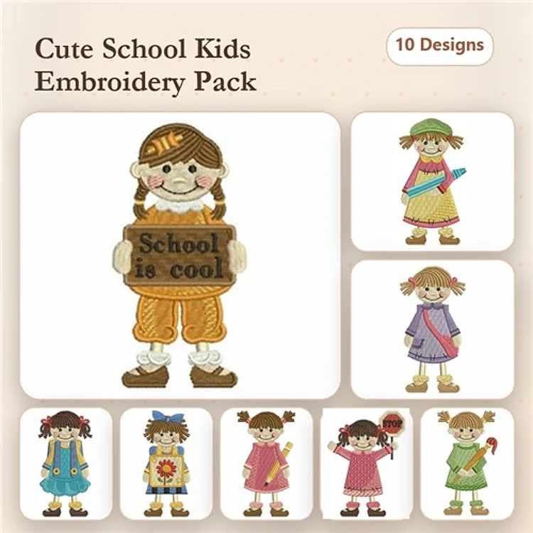 School Kids Embroidery Designs Bundle – Boy with School Sign, Girl with Book & More (10 Designs)