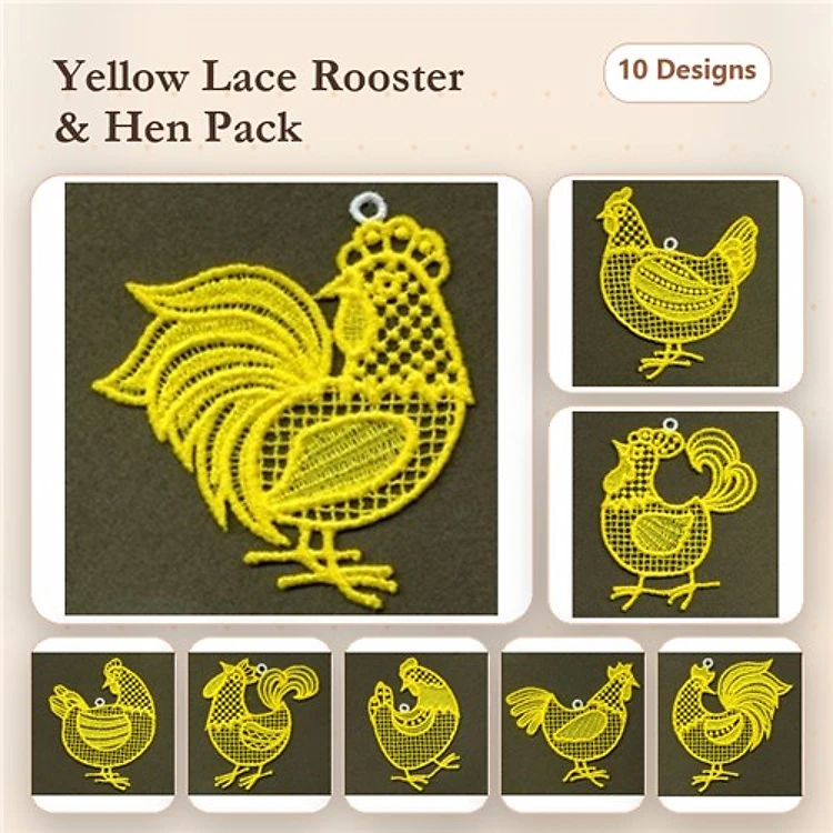 FSL Lace Roosters & Hens Embroidery Designs Bundle – Lace Rooster, Lace Hen & More (10 Designs)