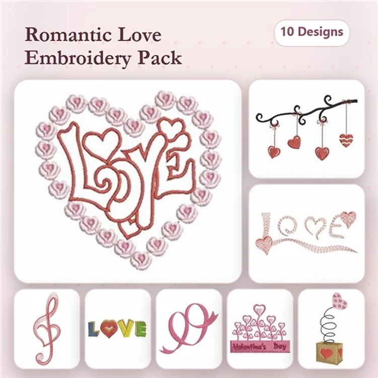 Redwork Romantic Love Embroidery Designs Bundle – Heart with Love, Hanging Hearts, I Love You Text & More (10 Designs)