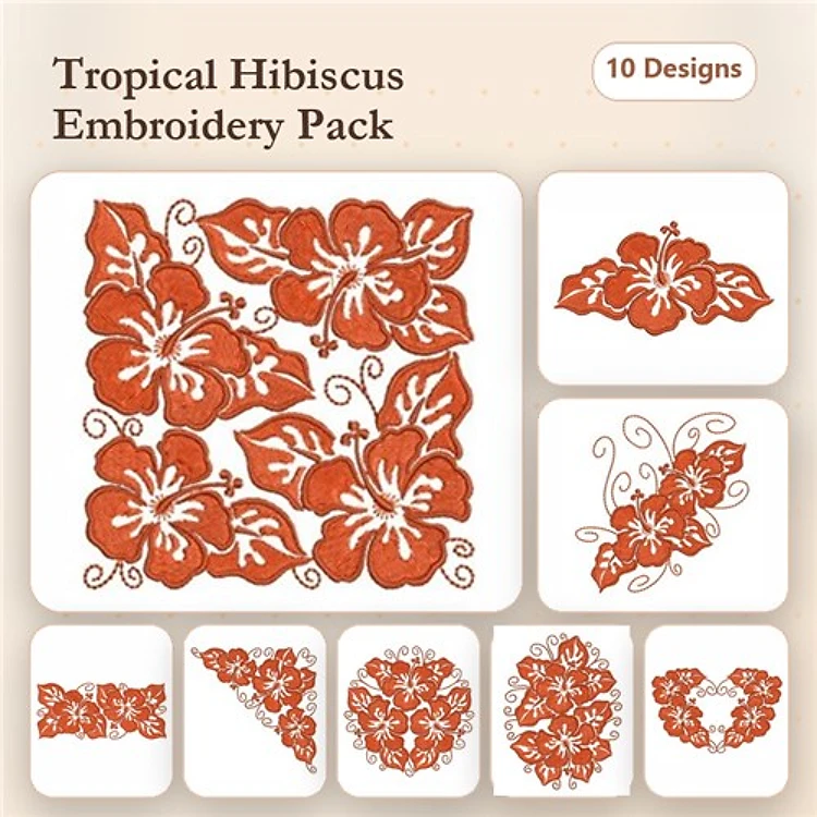 Redwork Tropical Hibiscus Embroidery Designs Bundle – Hibiscus Flower with Leaves, Floral Corner Design & More (10 Designs)