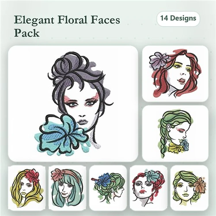 Elegant Floral Face Embroidery Designs Bundle – Blue Flower, Pink Flower, Red Hair & More (14 Designs)