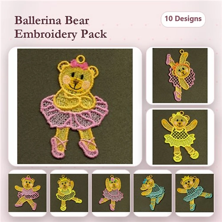 FSL Ballerina Bear Embroidery Designs Bundle – Ballerina Bear in Tutu, Ballerina Bear with Crown, & More (10 Designs)