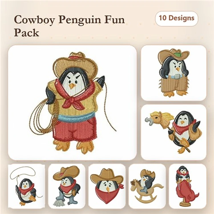 Cowboy Penguin Embroidery Designs Bundle – Penguin with Lasso, Penguin on Horseback, & More (10 Designs)