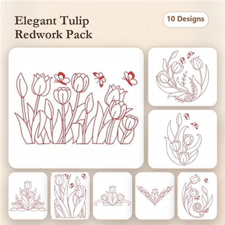 Redwork Elegant Tulip Embroidery Designs Bundle – Tulip Bouquet, Tulip with Butterflies, Single Tulip & More (10 Designs)