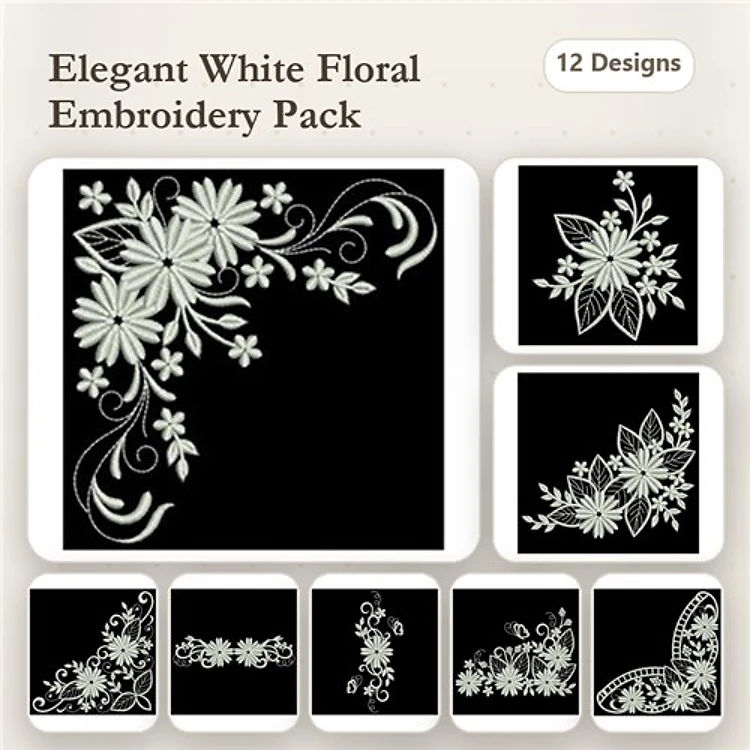 Elegant White Floral Embroidery Designs Bundle – Floral Corner, Lace Butterfly, Ornate Floral & More (12 Designs)
