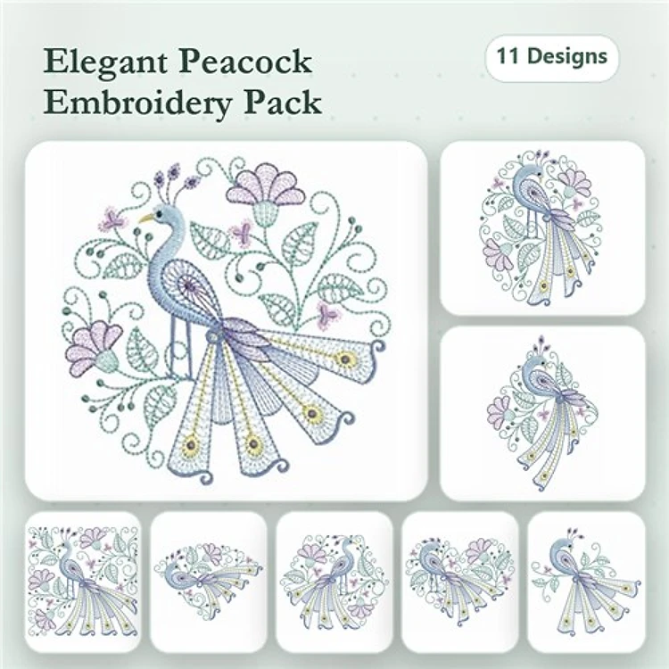 Rippled Elegant Peacock Embroidery Designs Bundle – Peacock with Flowers, Peacock Blossom, Peacock with Ribbons & More (11 Designs)