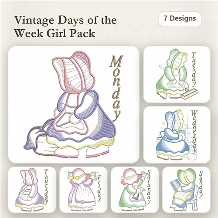 Vintage Days of the Week Girls Embroidery Designs Bundle – Monday Girl, Tuesday Girl, Wednesday Girl & More (7 Designs)