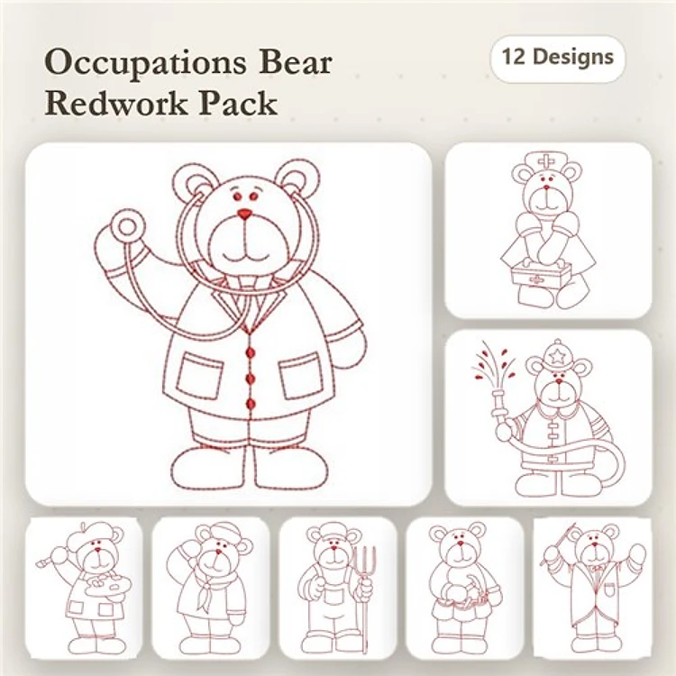 Redwork Occupational Bears Embroidery Designs Bundle – Doctor, Firefighter, Nurse, Chef & More (12 Designs)