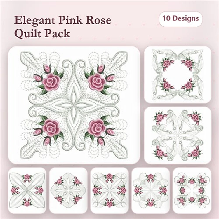 Rippled Elegant Pink Rose Embroidery Designs Bundle – Floral Quilt Square, Ornate Rose Frame, & More (10 Designs)
