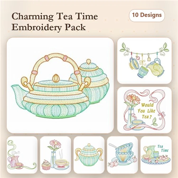 Rippled Tea Time Embroidery Designs Bundle – Teapot, Teacup with Flowers, Sweet Tea Text & More (10 Designs)