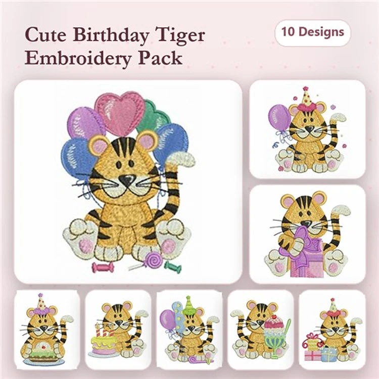 Birthday Tiger Celebrations Embroidery Designs Bundle – Tiger with Balloons, Cake, Gift & More (10 Designs)