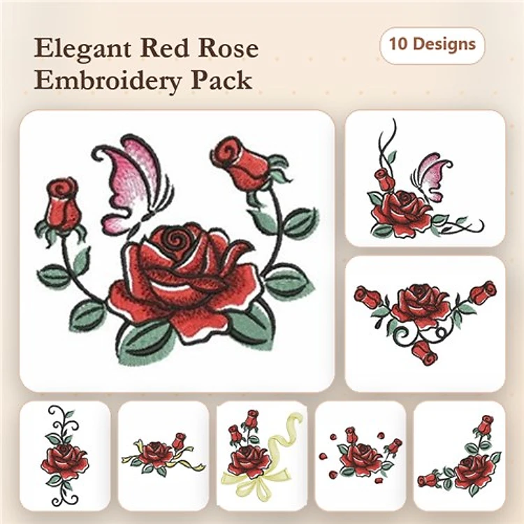 Redwork Elegant Red Rose Embroidery Bundle – Red Rose with Butterfly, Single Red Rose, & More (10 Designs)