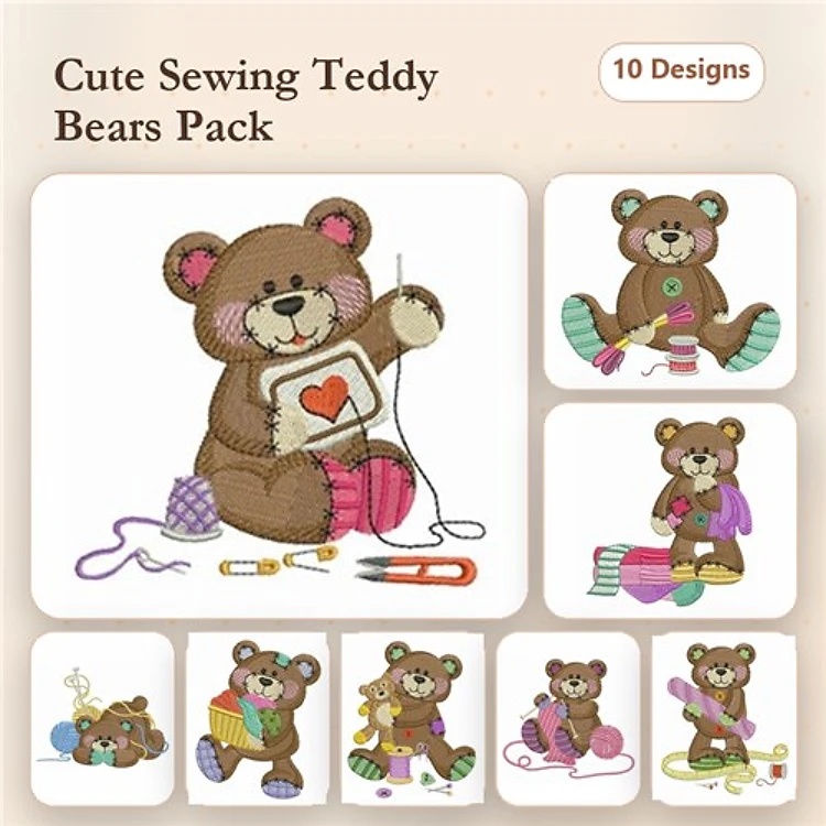 Teddy Bear Sewing Supplies Embroidery Designs Bundle – Teddy Bear with Heart, Yarn, Scissors & More (10 Designs)