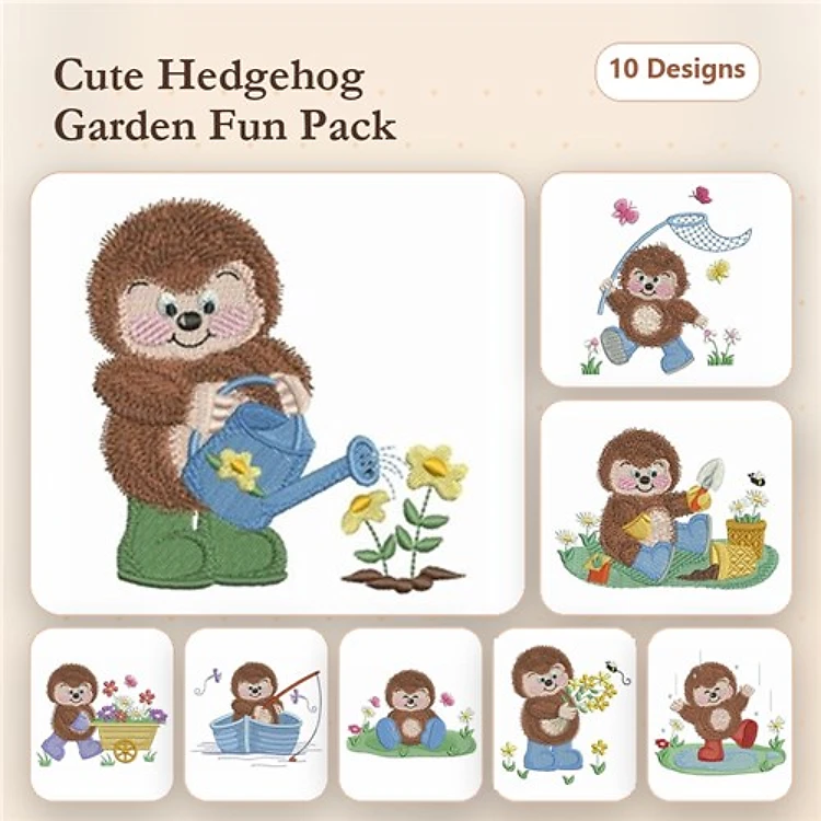 Cute Hedgehogs in Garden Embroidery Designs Bundle – Watering Flowers, Carrying Flowers, Planting & More (10 Designs)