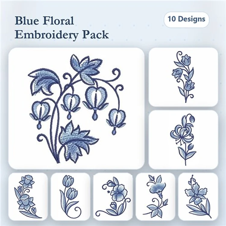 Blue Floral Embroidery Bundle – Blue Flower Bouquet, Tulip Design, Floral Vine & More (10 Designs)