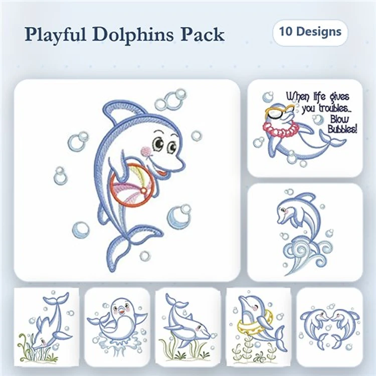 Dolphin Embroidery Bundle – Dolphin with Beach Ball, Dolphin with Bubbles, Dolphin Jumping & More (10 Designs)