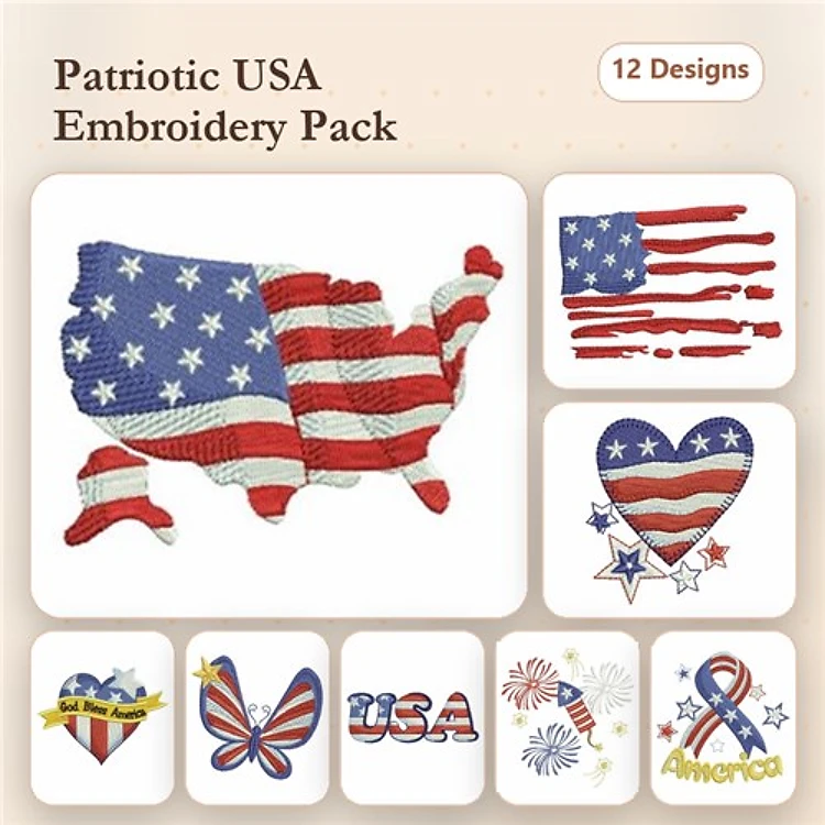 Patriotic USA Embroidery Designs Bundle – USA Map with Flag, Heart with Stars and Stripes, Fireworks Display & More (12 Designs)