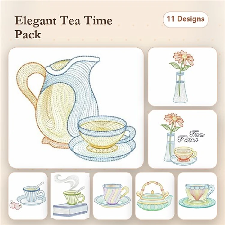 Rippled Tea Time Embroidery Designs Bundle – Teapot, Teacup, Flower Vase & More (11 Designs)