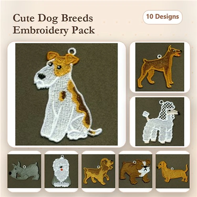 Dog Breed FSL Embroidery Designs Bundle – Beagle, Dachshund , Poodle, Bulldog & More (10 Designs)