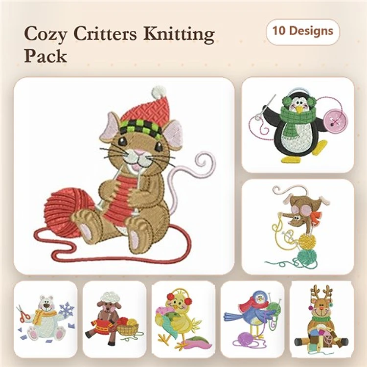 Knitting Animals Embroidery Bundle – Mouse Knitting Yarn, Penguin with Yarn, Bear Knitting & More (10 Designs)