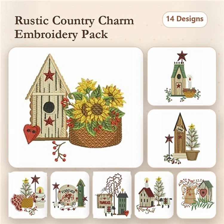 Rustic Country Embroidery Designs Bundle – Birdhouse with Sunflowers, Decorative Birdhouse, Candle Holder with Pine & More (14 Designs)