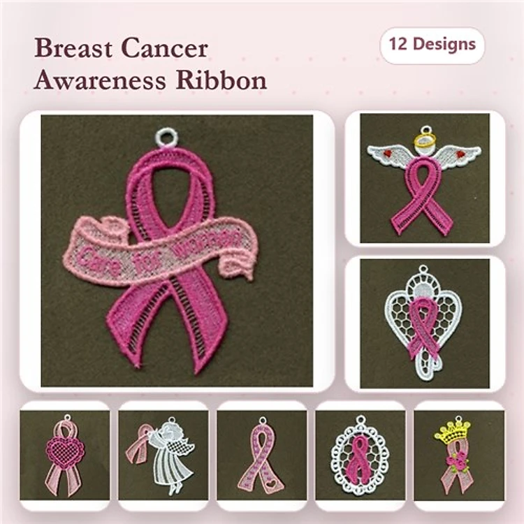 FSL Breast Cancer Awareness Embroidery Designs Bundle – Ribbon, Angel, Heart, Crown & More (12 Designs)